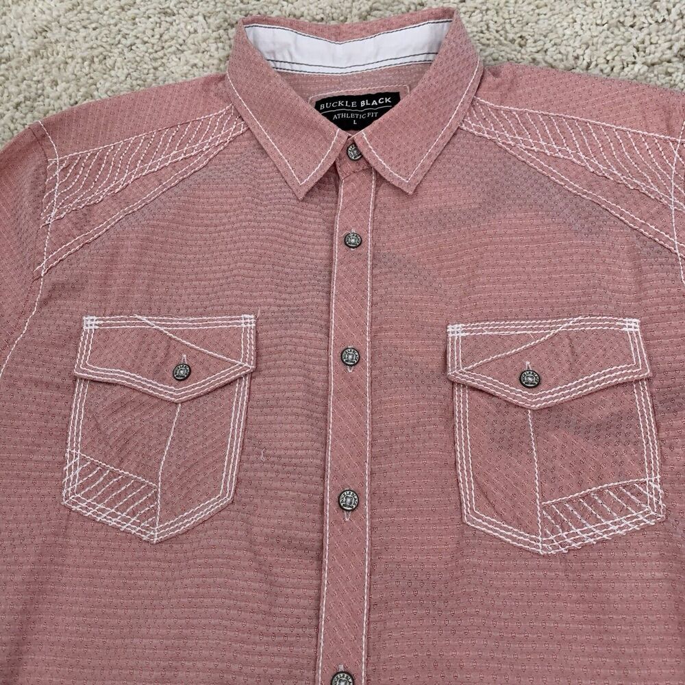 Buckle Black Shirt Mens Large Mauve Pink Athletic Fit Western Heavy Stitching - Picture 3 of 6